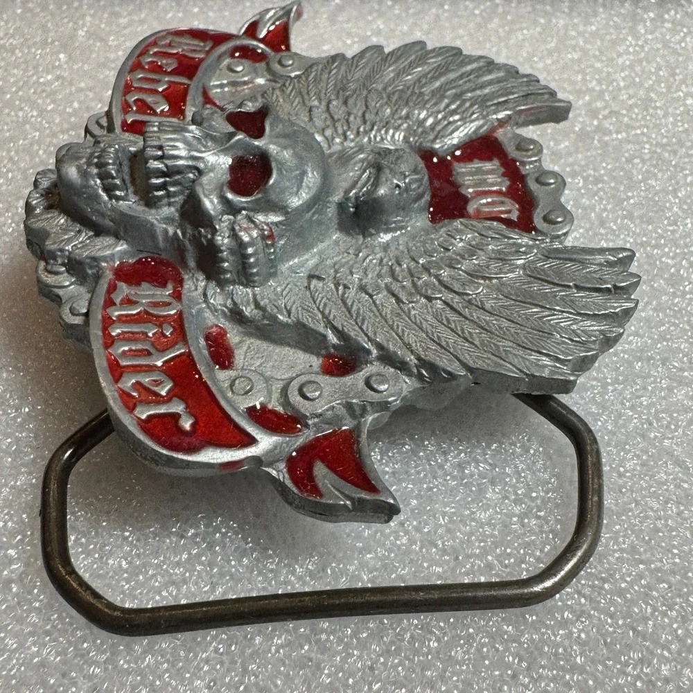 Winged Skull Eagle MC Rebel‎ Rider Belt Buckle Silver Tone Red Enamel Reissue